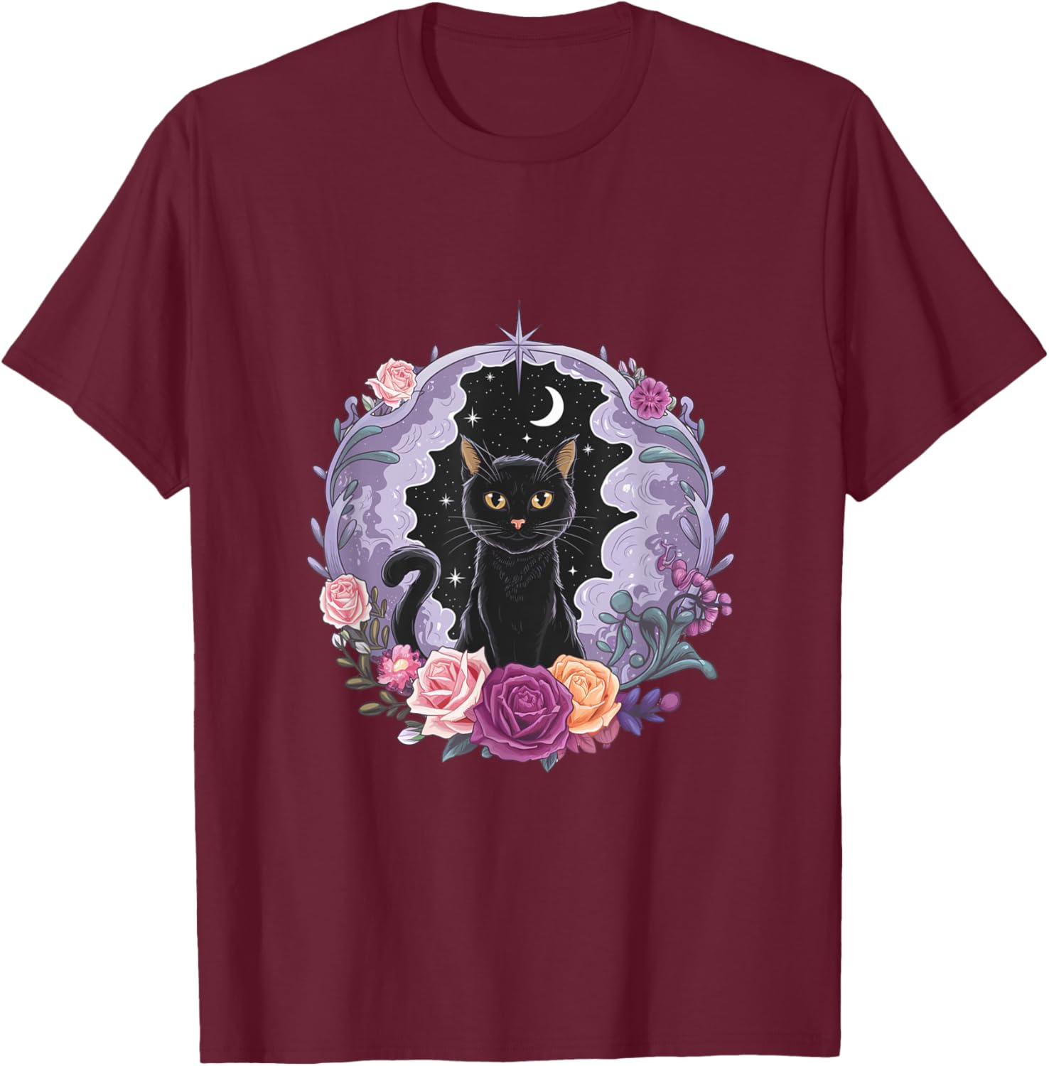 Cute Kawaii Purple Gothic T-Shirt with Black Cat and Moon Crystal Design - 24