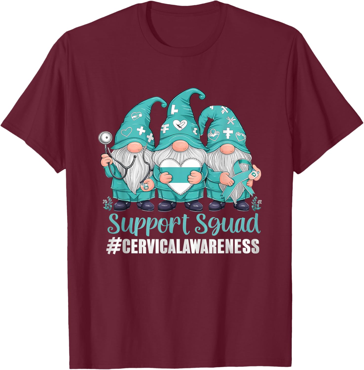 Cervical Cancer Awareness Gnome Teal Ribbon T-Shirt for Supporters - 10