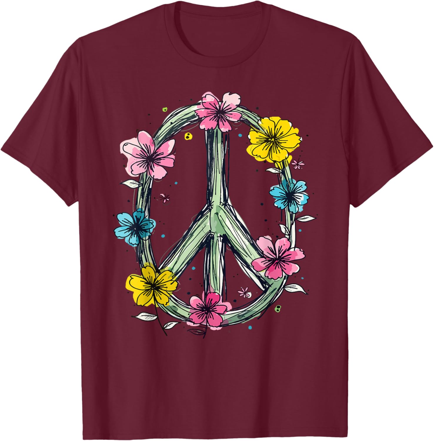 Flower Power Peace Sign T-Shirt for Women Love Hippie Style - 8