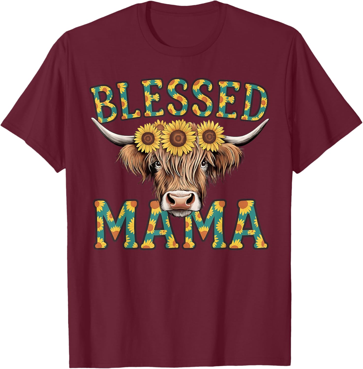 Cute Blessed Mama Highland Cow T-Shirt with Sunflowers for Mother's Day - 11