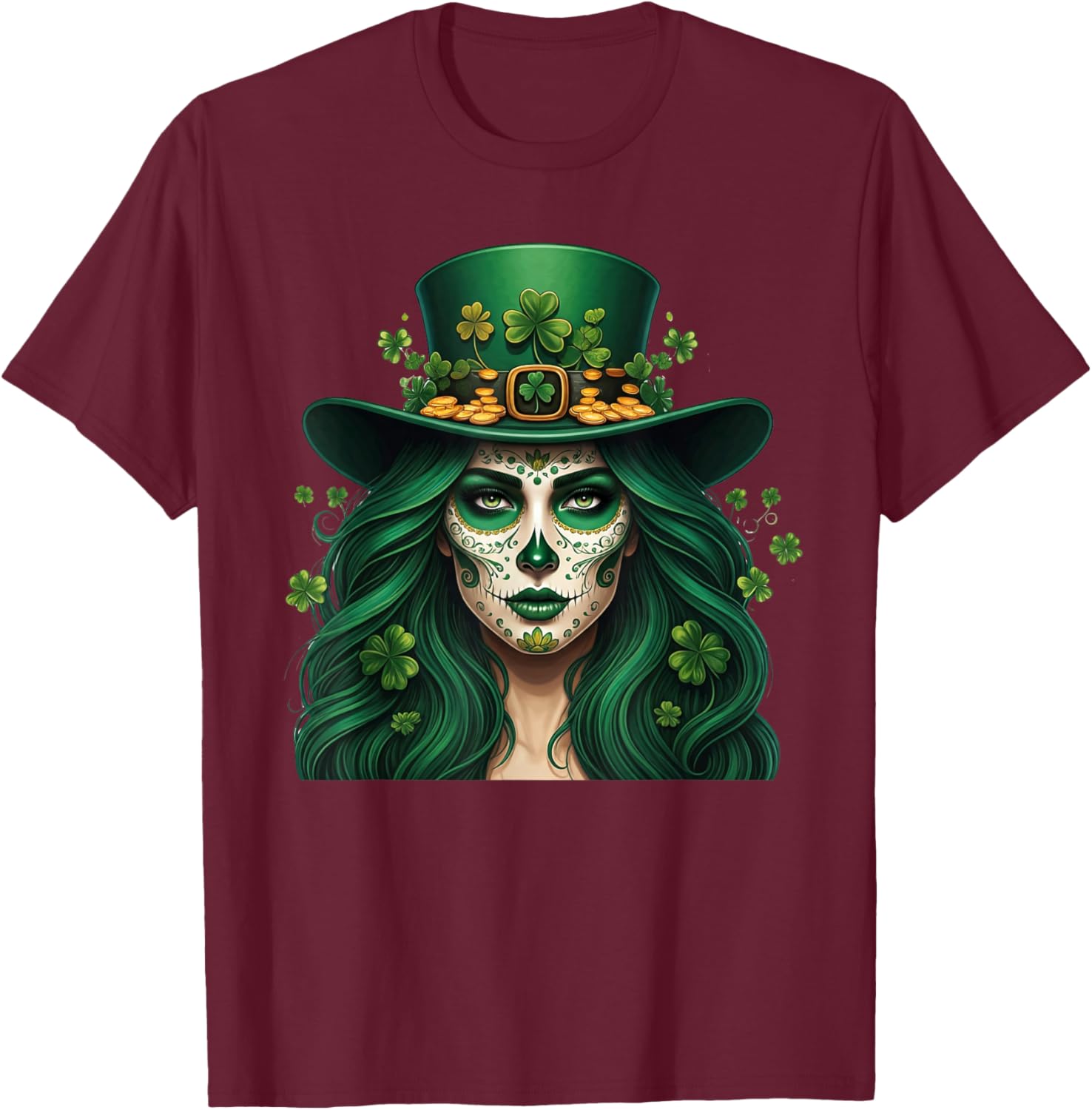 Cute Sugar Skull St Patrick's Day T-Shirt with Shamrock Design for Women - 3
