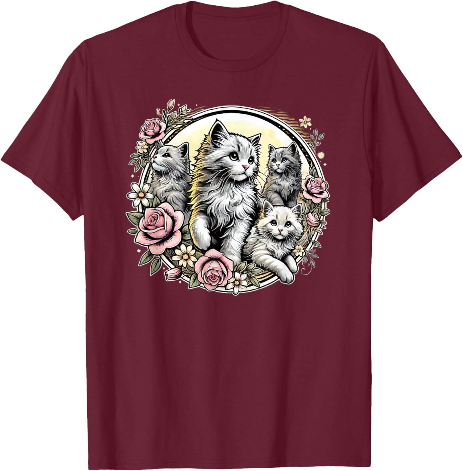 Cute Fluffy Kittens with Vintage Roses T-Shirt for Cat Lovers - 13
