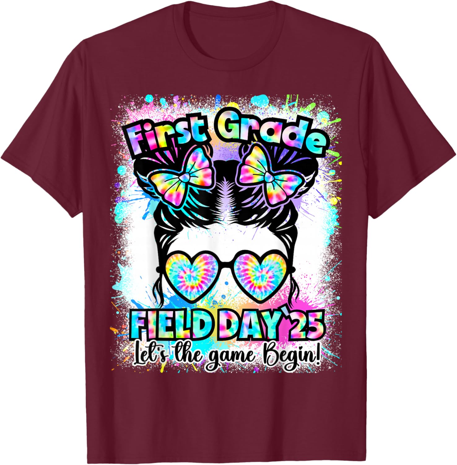 First Grade Field Day 2025 Messy Bun Teacher Kids T-Shirt Fun Design - 26