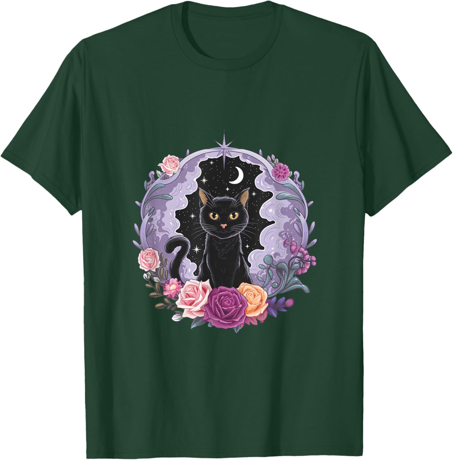 Cute Kawaii Purple Gothic T-Shirt with Black Cat and Moon Crystal Design - 25