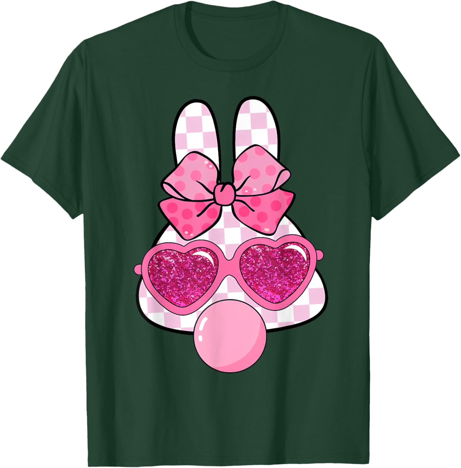 Checkered Bunny with Bubble Gum Coquette Bow Easter T-Shirt for Fun Style - 10