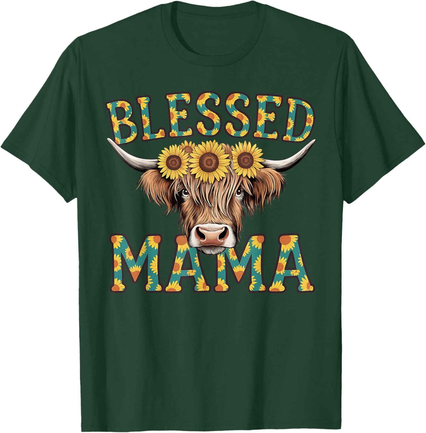 Cute Blessed Mama Highland Cow T-Shirt with Sunflowers for Mother's Day - 18
