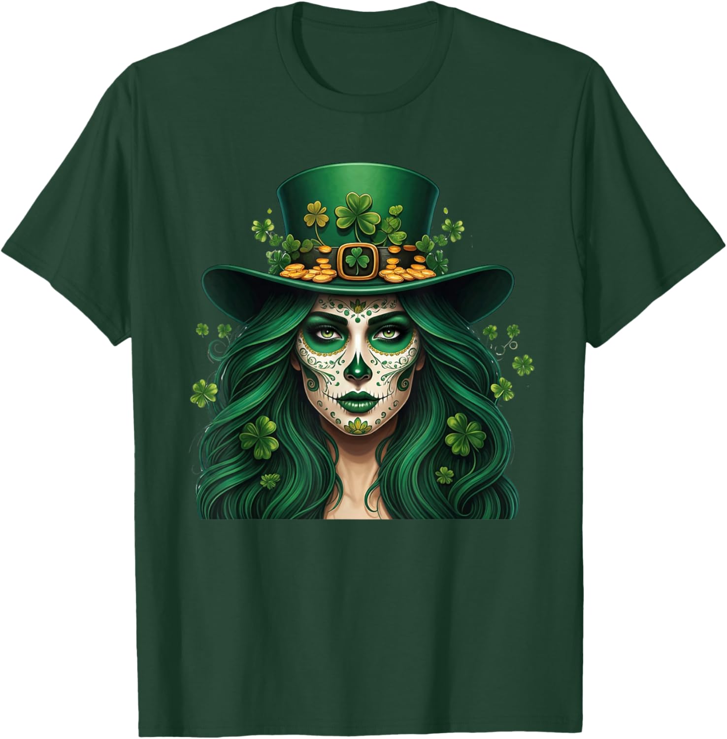Cute Sugar Skull St Patrick's Day T-Shirt with Shamrock Design for Women - 2