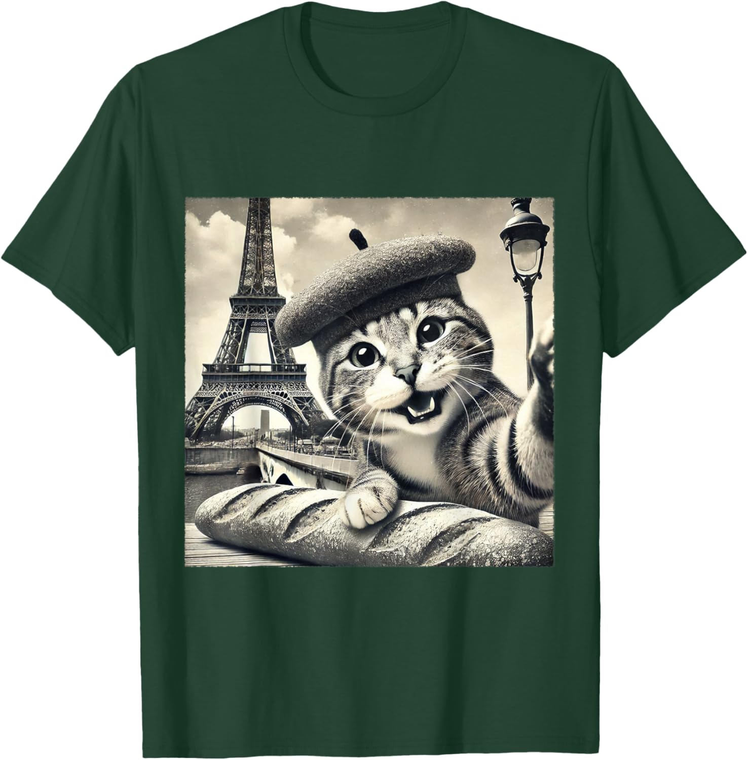 Funny Paris Cat in Beret with Baguette Eiffel Tower T-Shirt for Cat Lovers - 17