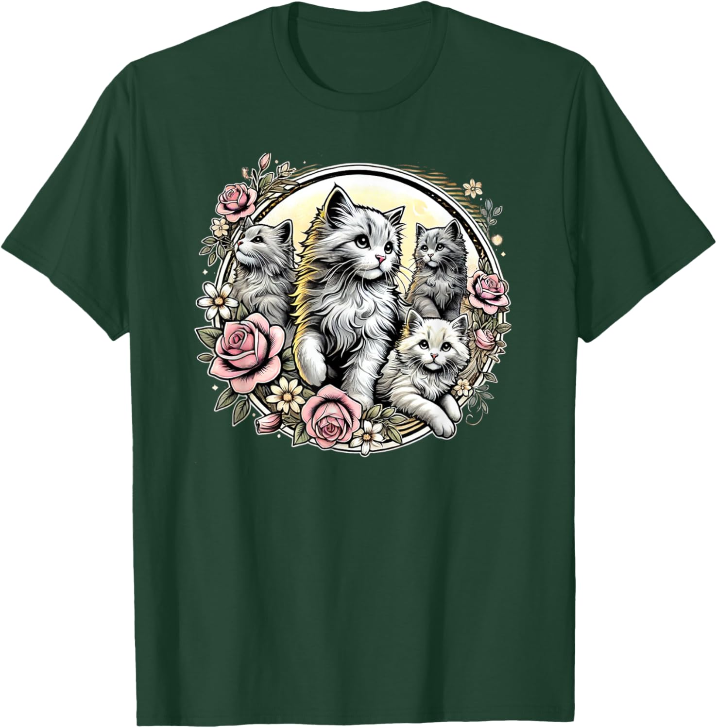 Cute Fluffy Kittens with Vintage Roses T-Shirt for Cat Lovers - 9