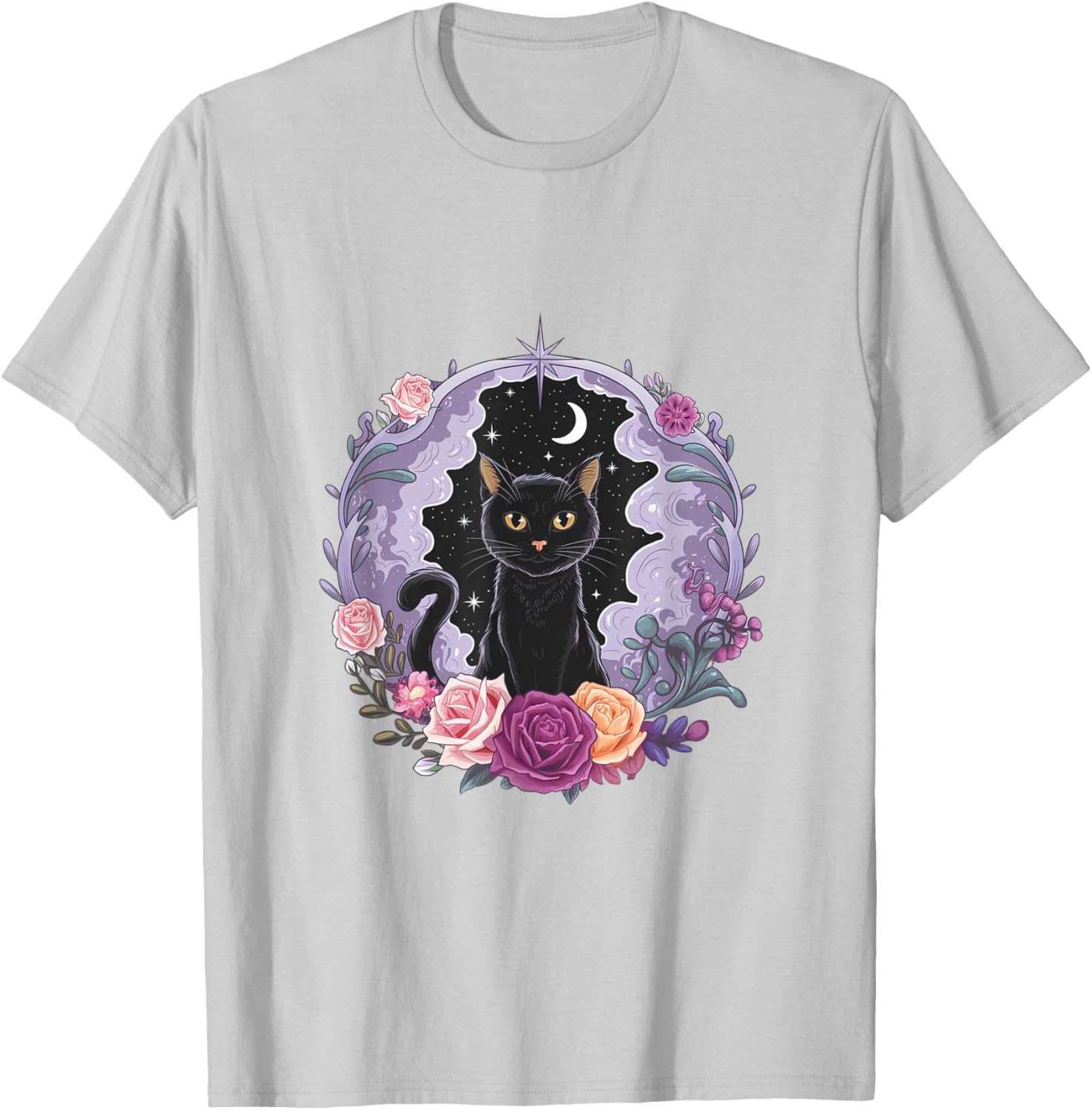 Cute Kawaii Purple Gothic T-Shirt with Black Cat and Moon Crystal Design - 21