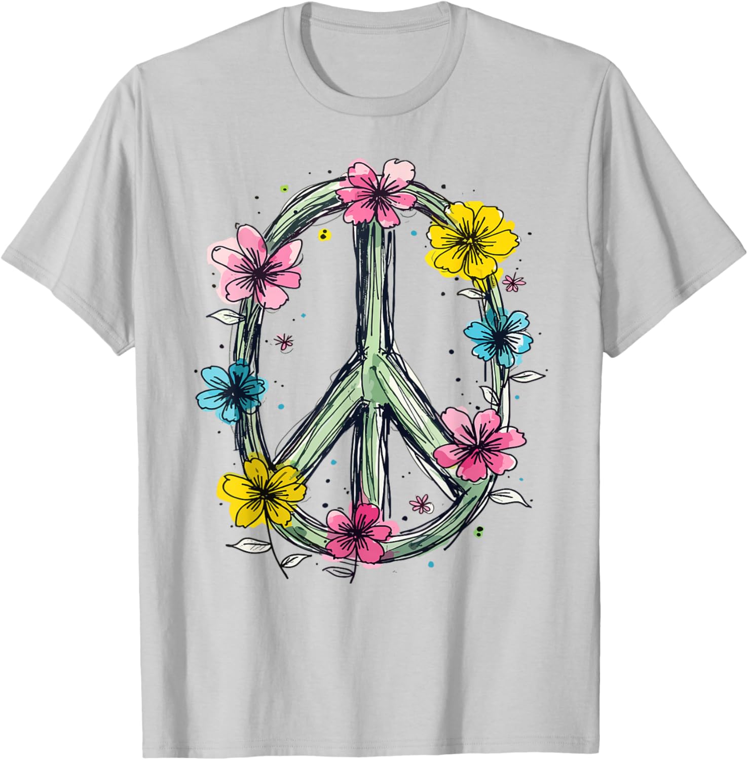 Flower Power Peace Sign T-Shirt for Women Love Hippie Style - 1