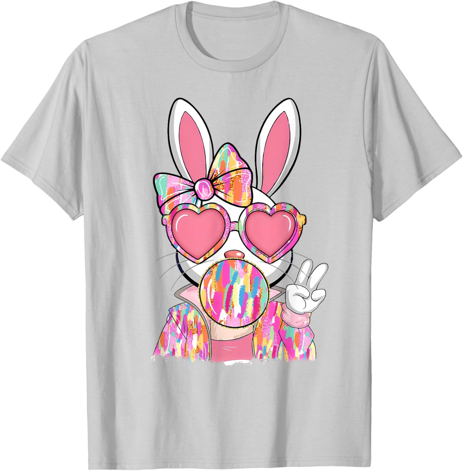 Cute Brushstroke Bunny Blowing Bubble Gum Easter Bow T-Shirt for Kids - 11