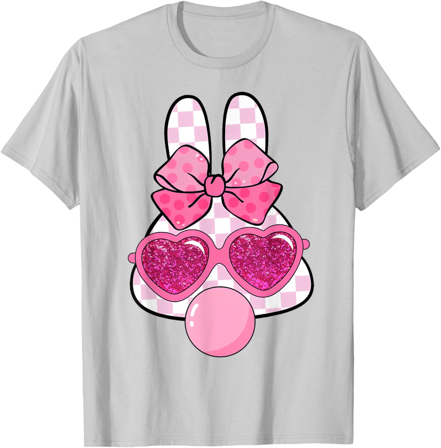 Checkered Bunny with Bubble Gum Coquette Bow Easter T-Shirt for Fun Style - 11