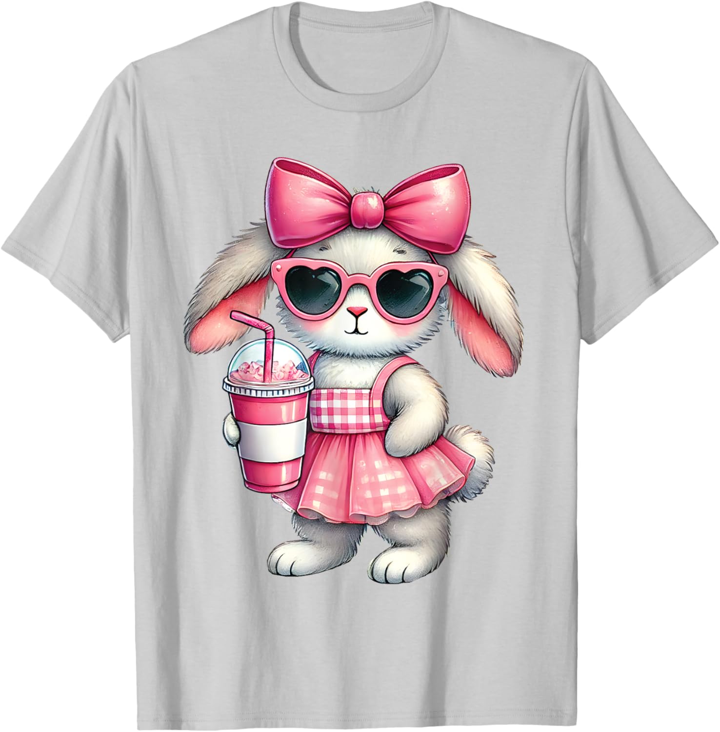 Cute Easter Bunny Drinking Iced Coffee T-Shirt for Women and Girls - 21