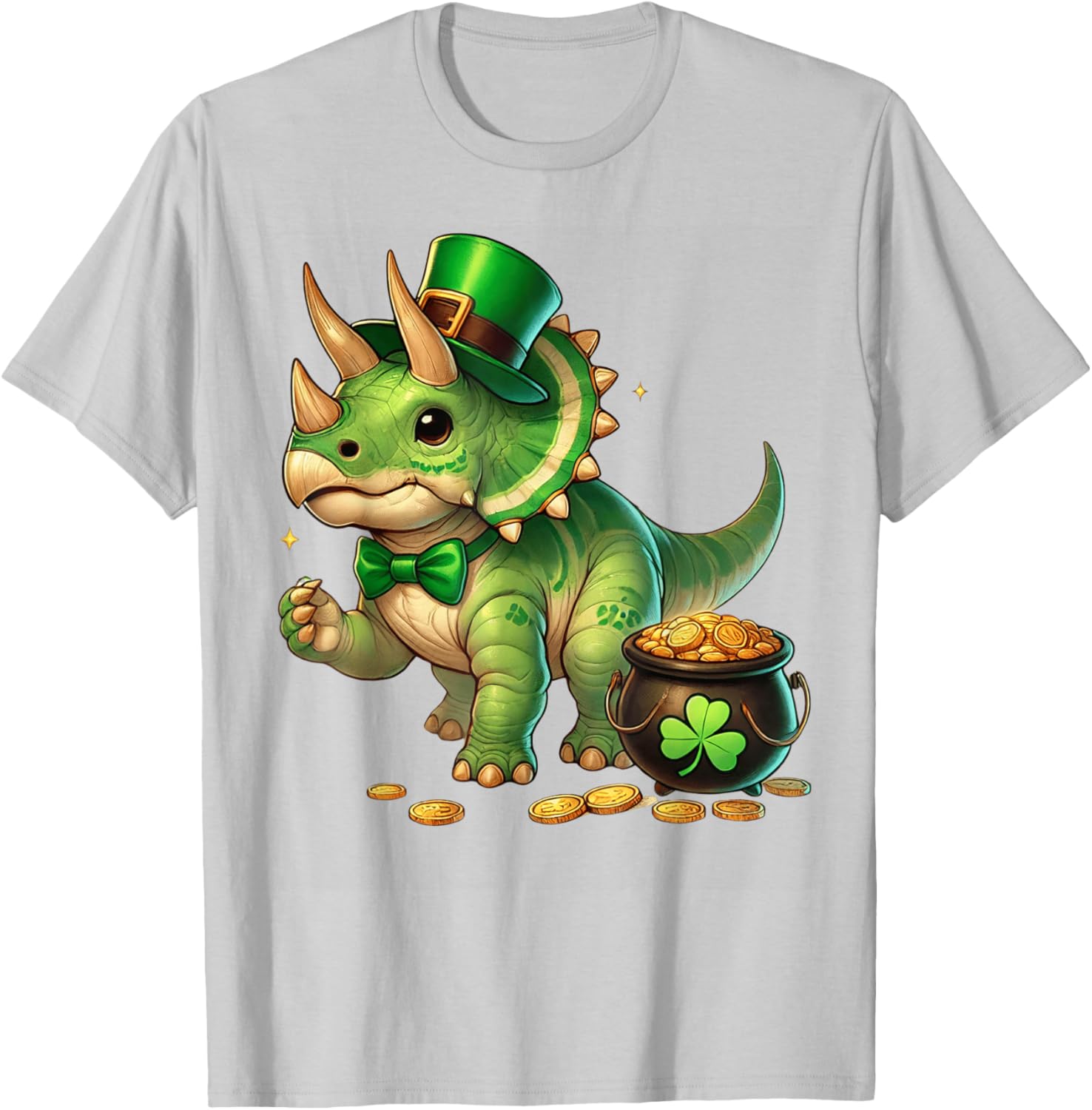 Cute Triceratops Leprechaun St Patrick's Day Kids T-Shirt with Shamrock - 16