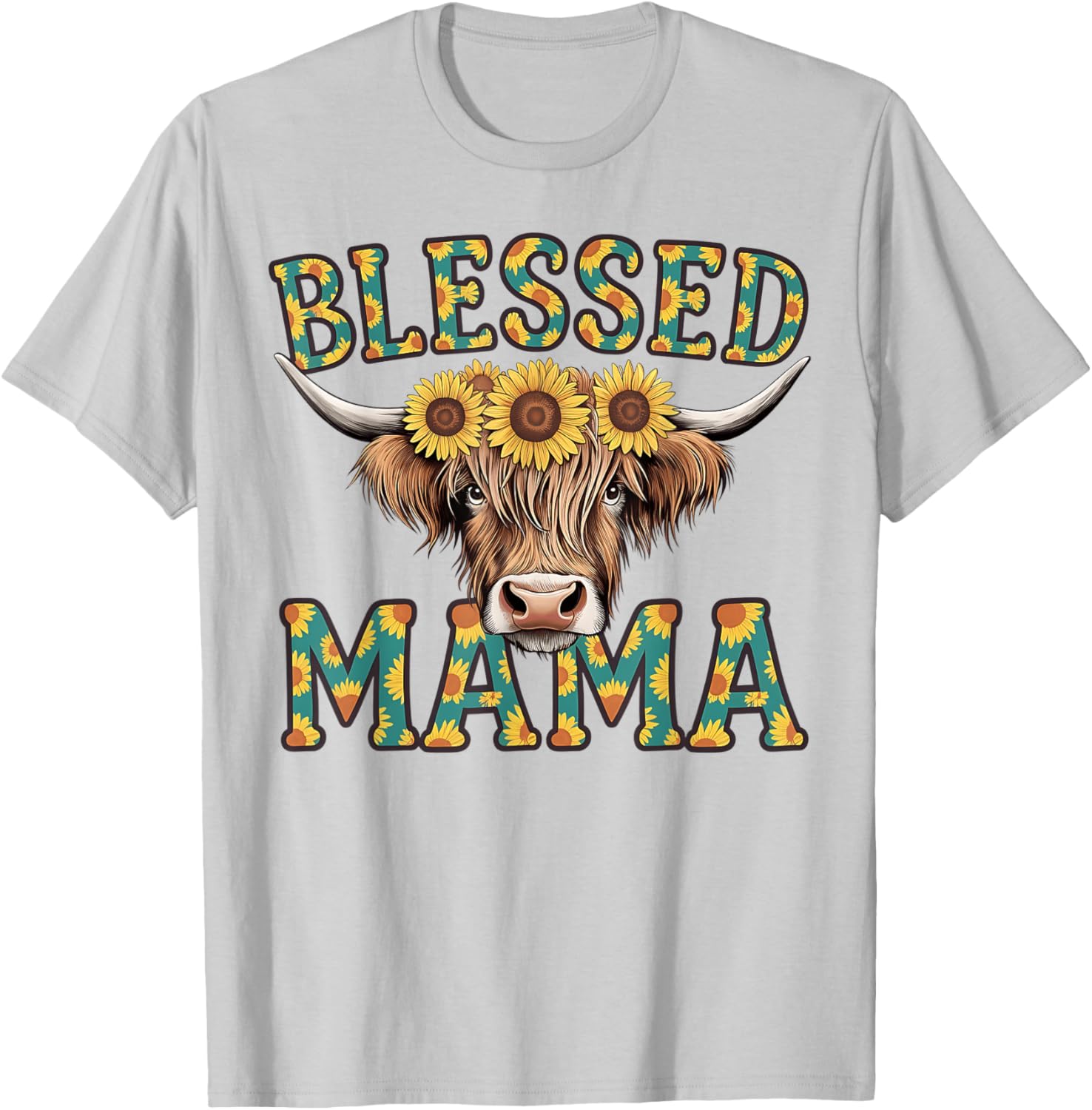 Cute Blessed Mama Highland Cow T-Shirt with Sunflowers for Mother's Day - 8