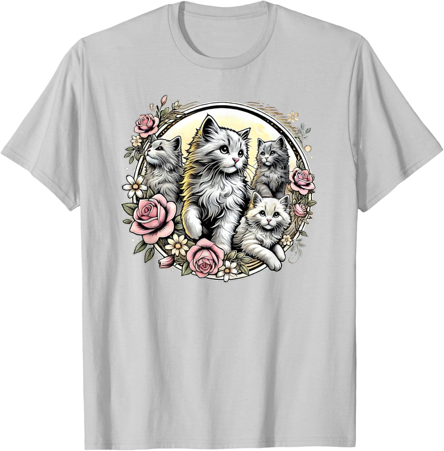 Cute Fluffy Kittens with Vintage Roses T-Shirt for Cat Lovers - 1