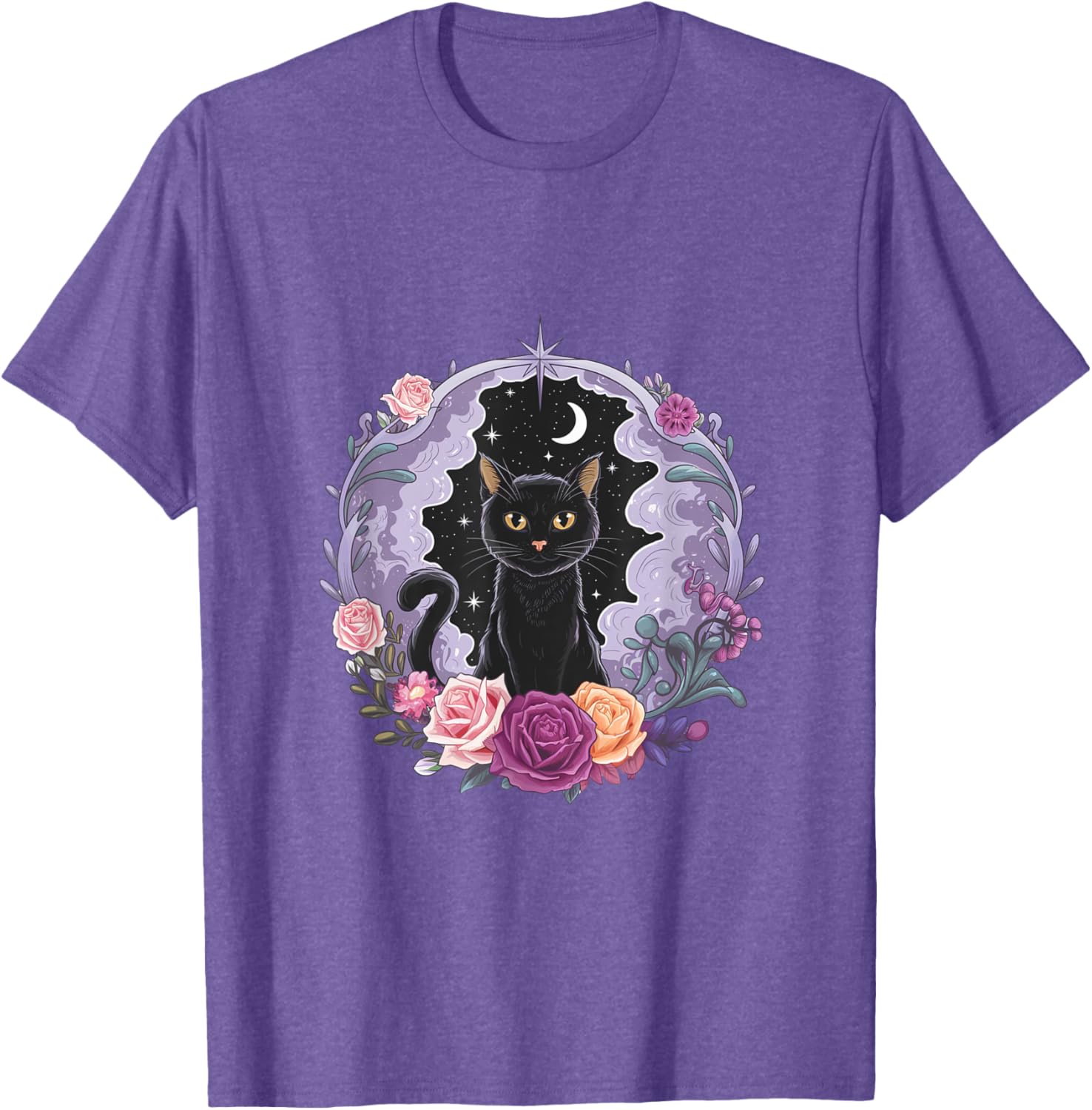 Cute Kawaii Purple Gothic T-Shirt with Black Cat and Moon Crystal Design - 5