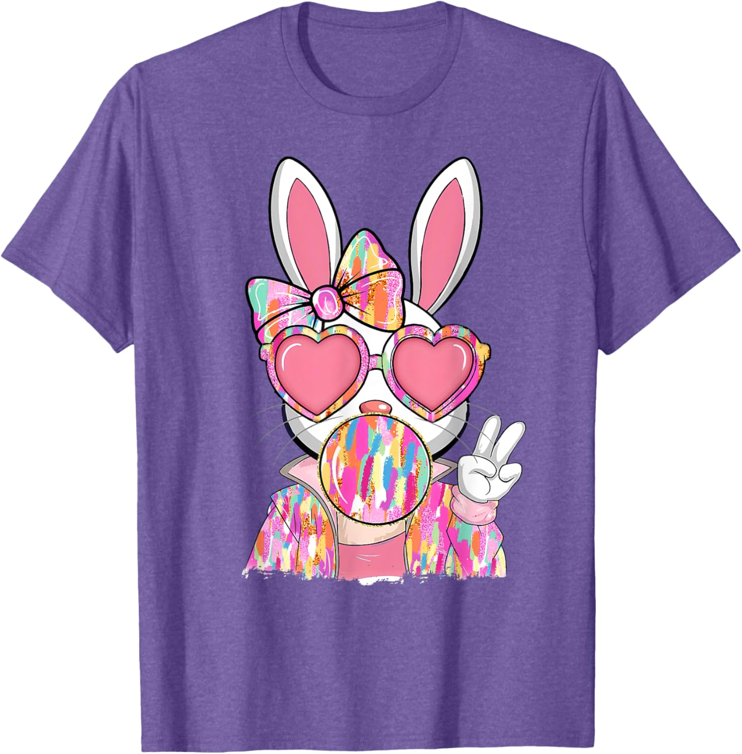 Cute Brushstroke Bunny Blowing Bubble Gum Easter Bow T-Shirt for Kids - 12