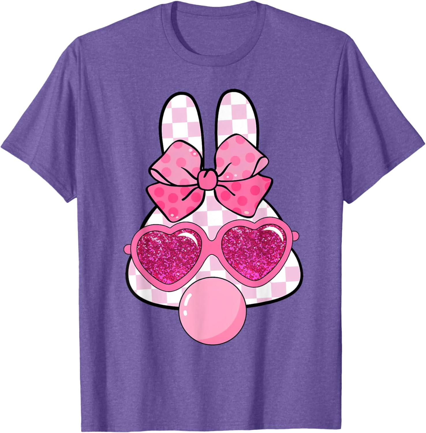 Checkered Bunny with Bubble Gum Coquette Bow Easter T-Shirt for Fun Style - 21