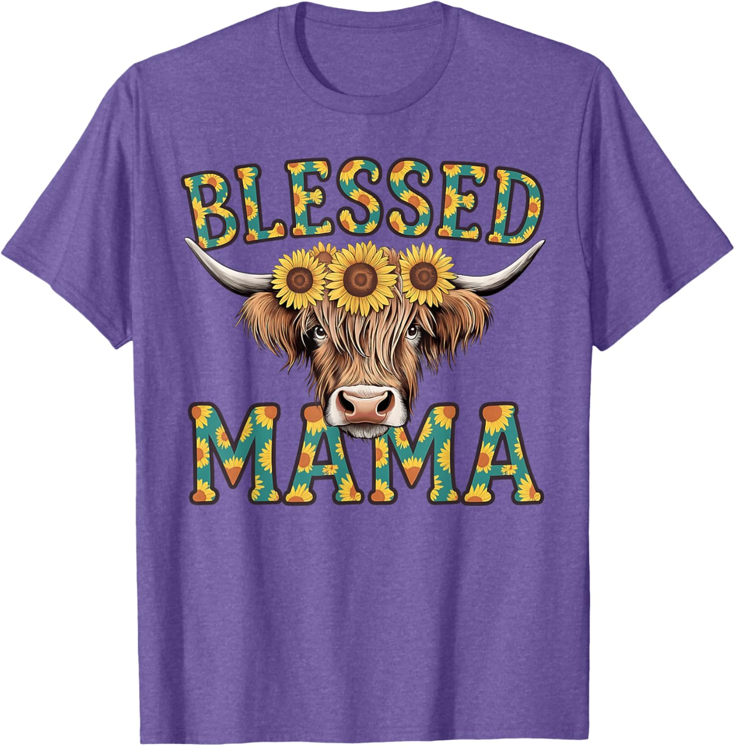 Cute Blessed Mama Highland Cow T-Shirt with Sunflowers for Mother's Day - 20