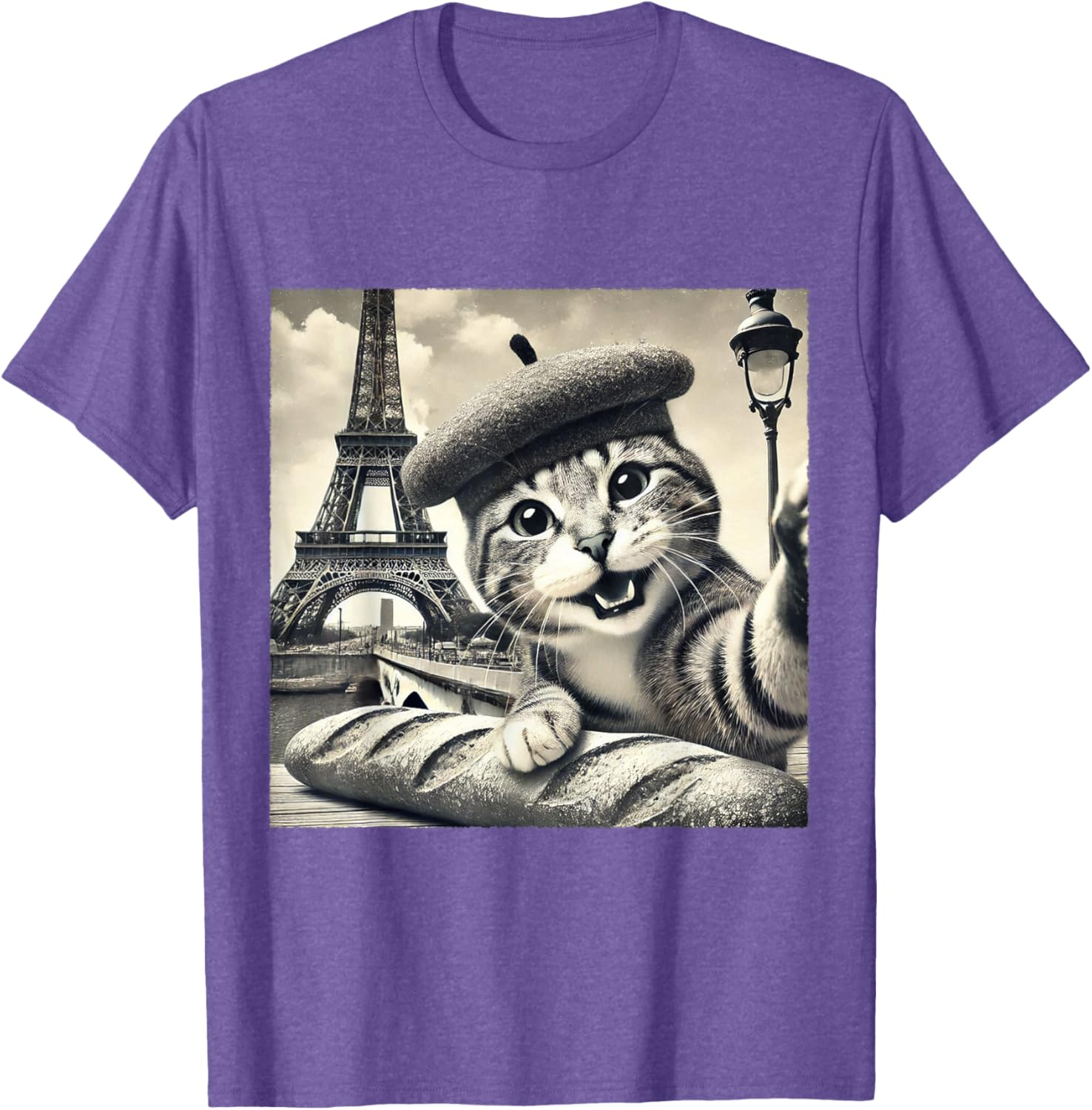 Funny Paris Cat in Beret with Baguette Eiffel Tower T-Shirt for Cat Lovers - 10