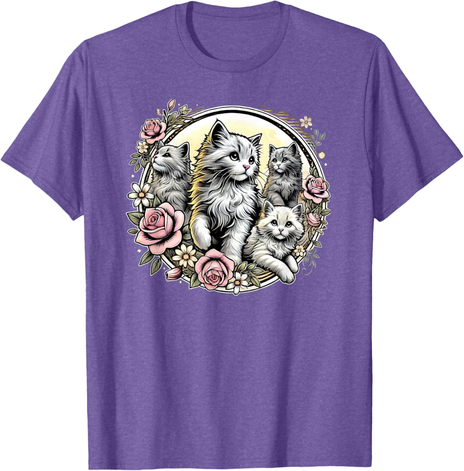 Cute Fluffy Kittens with Vintage Roses T-Shirt for Cat Lovers - 23