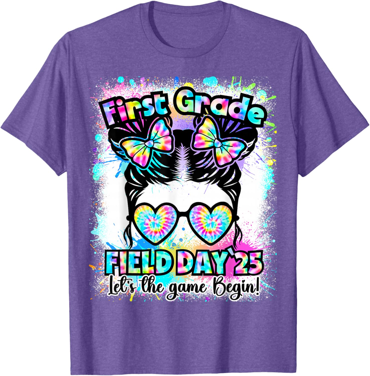 First Grade Field Day 2025 Messy Bun Teacher Kids T-Shirt Fun Design - 13