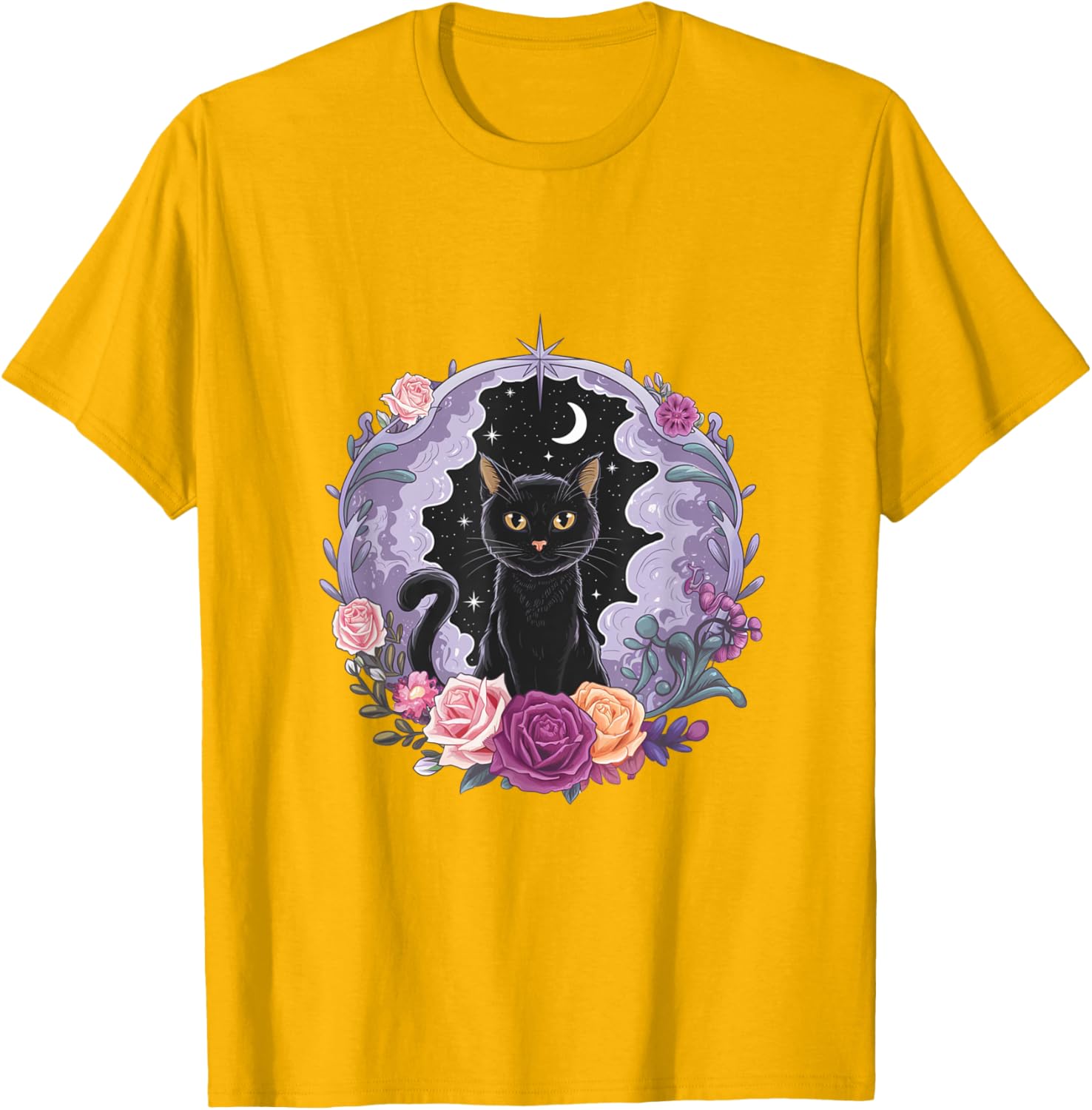 Cute Kawaii Purple Gothic T-Shirt with Black Cat and Moon Crystal Design - 26