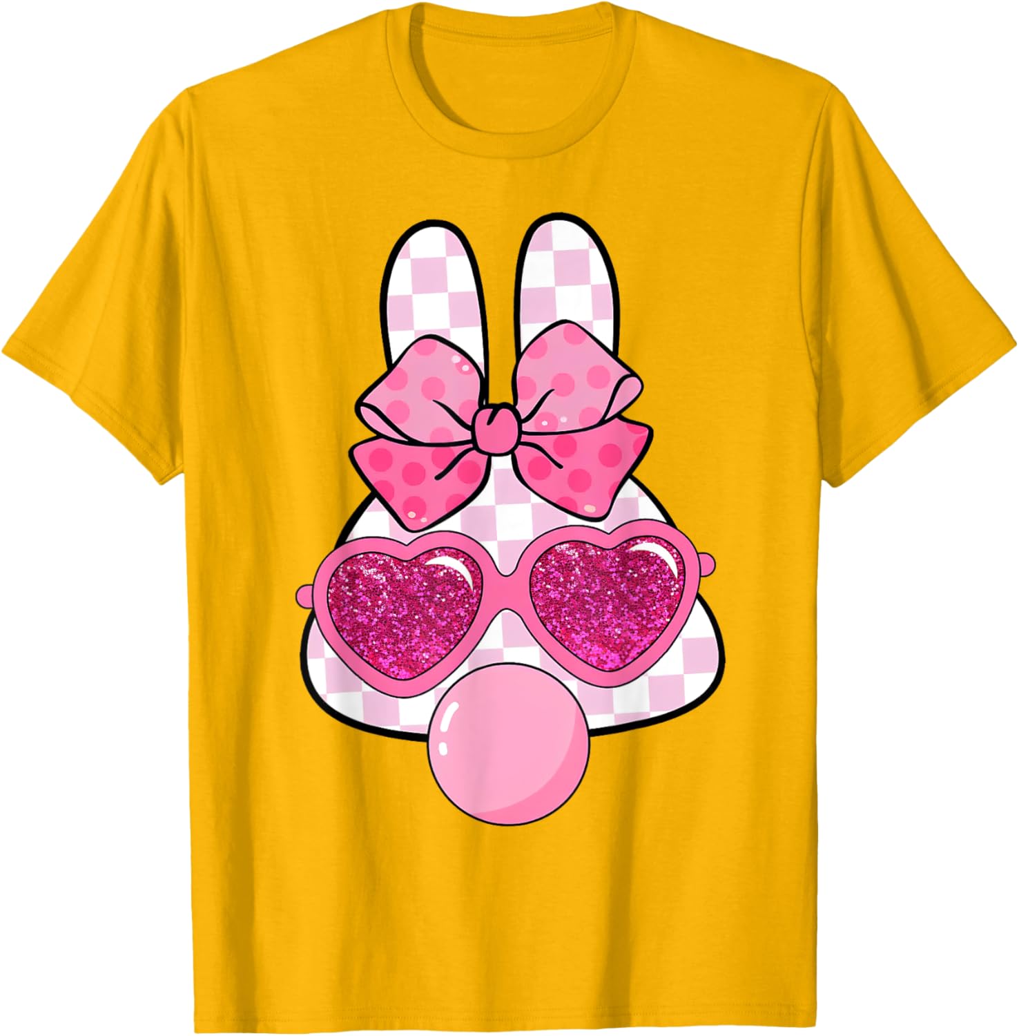 Checkered Bunny with Bubble Gum Coquette Bow Easter T-Shirt for Fun Style - 7