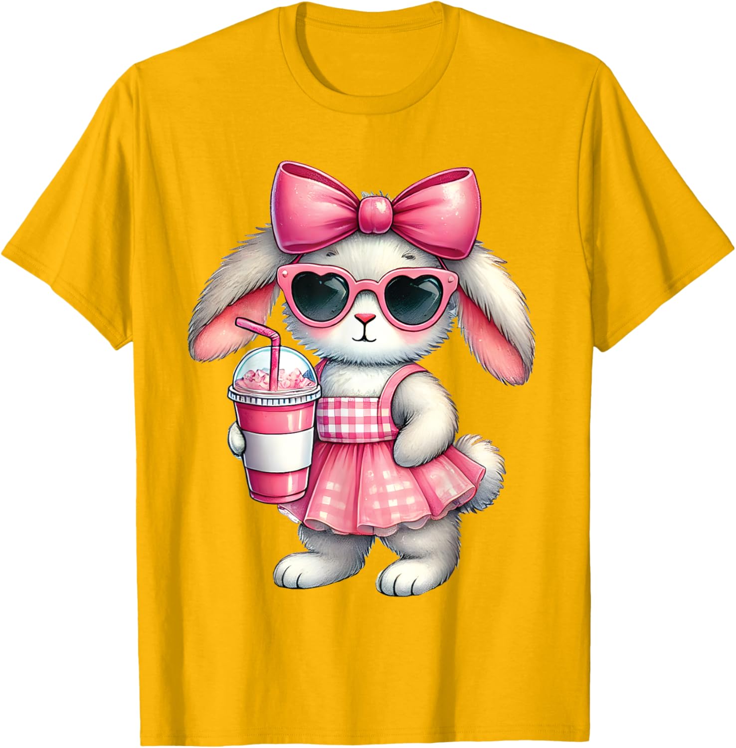 Cute Easter Bunny Drinking Iced Coffee T-Shirt for Women and Girls - 9