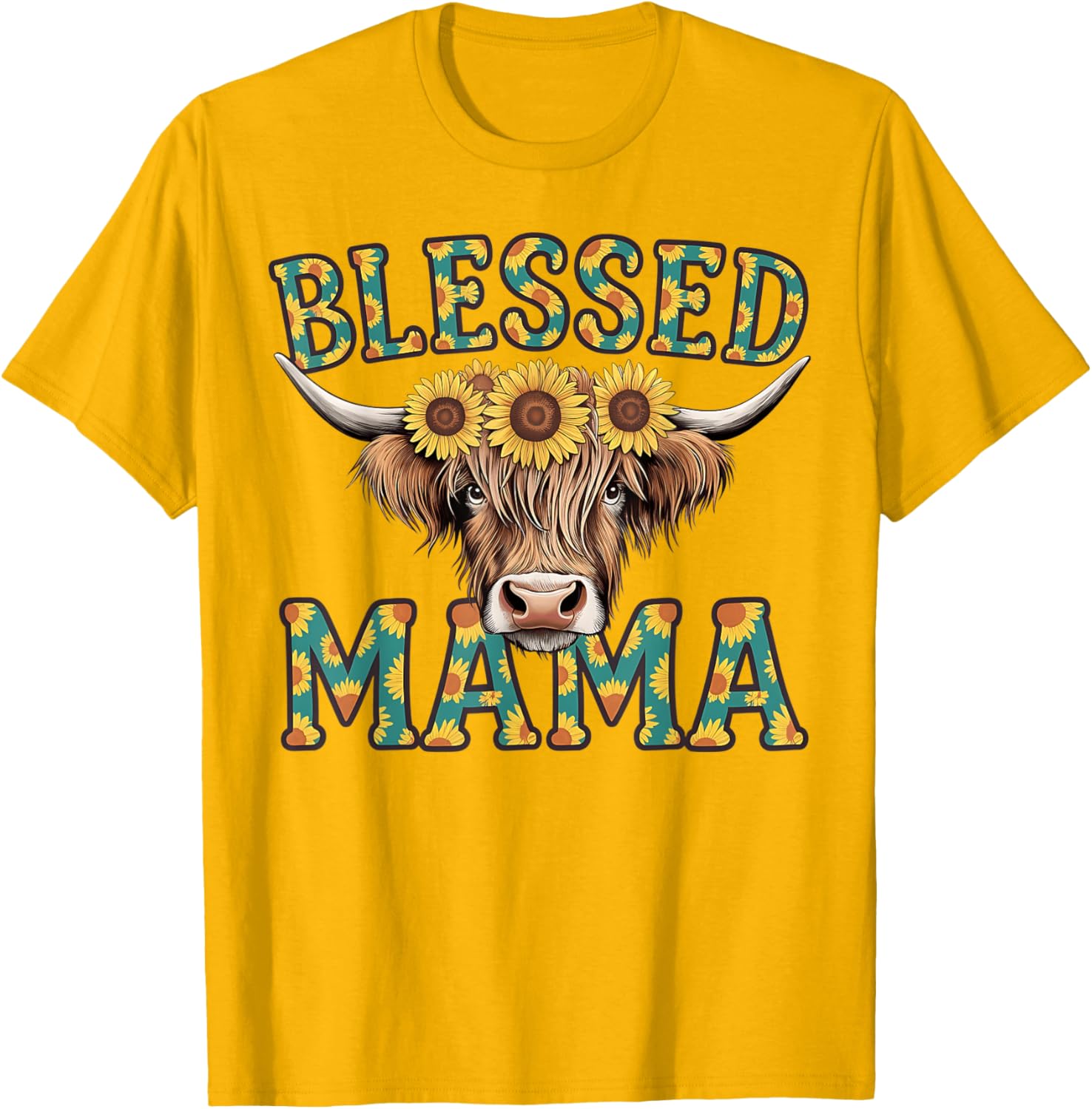 Cute Blessed Mama Highland Cow T-Shirt with Sunflowers for Mother's Day - 15
