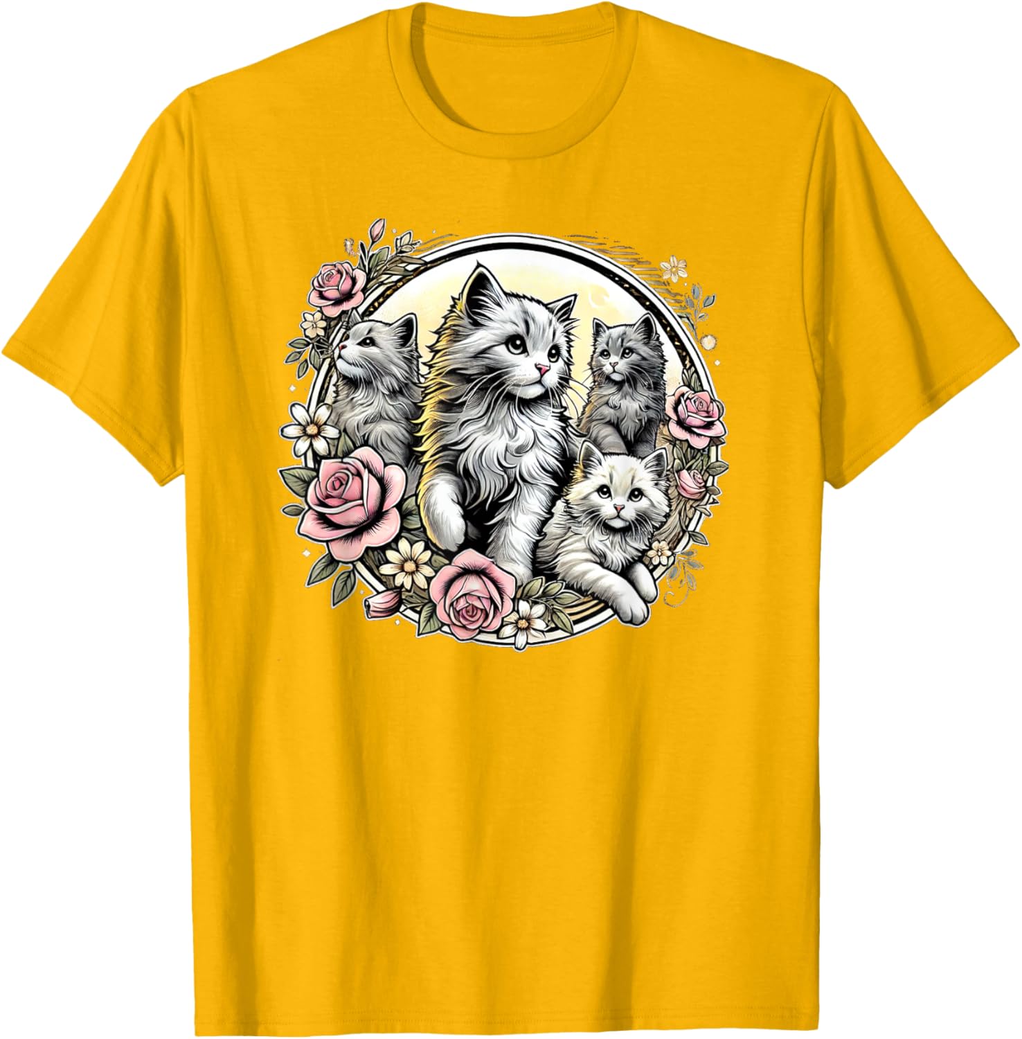 Cute Fluffy Kittens with Vintage Roses T-Shirt for Cat Lovers - 7