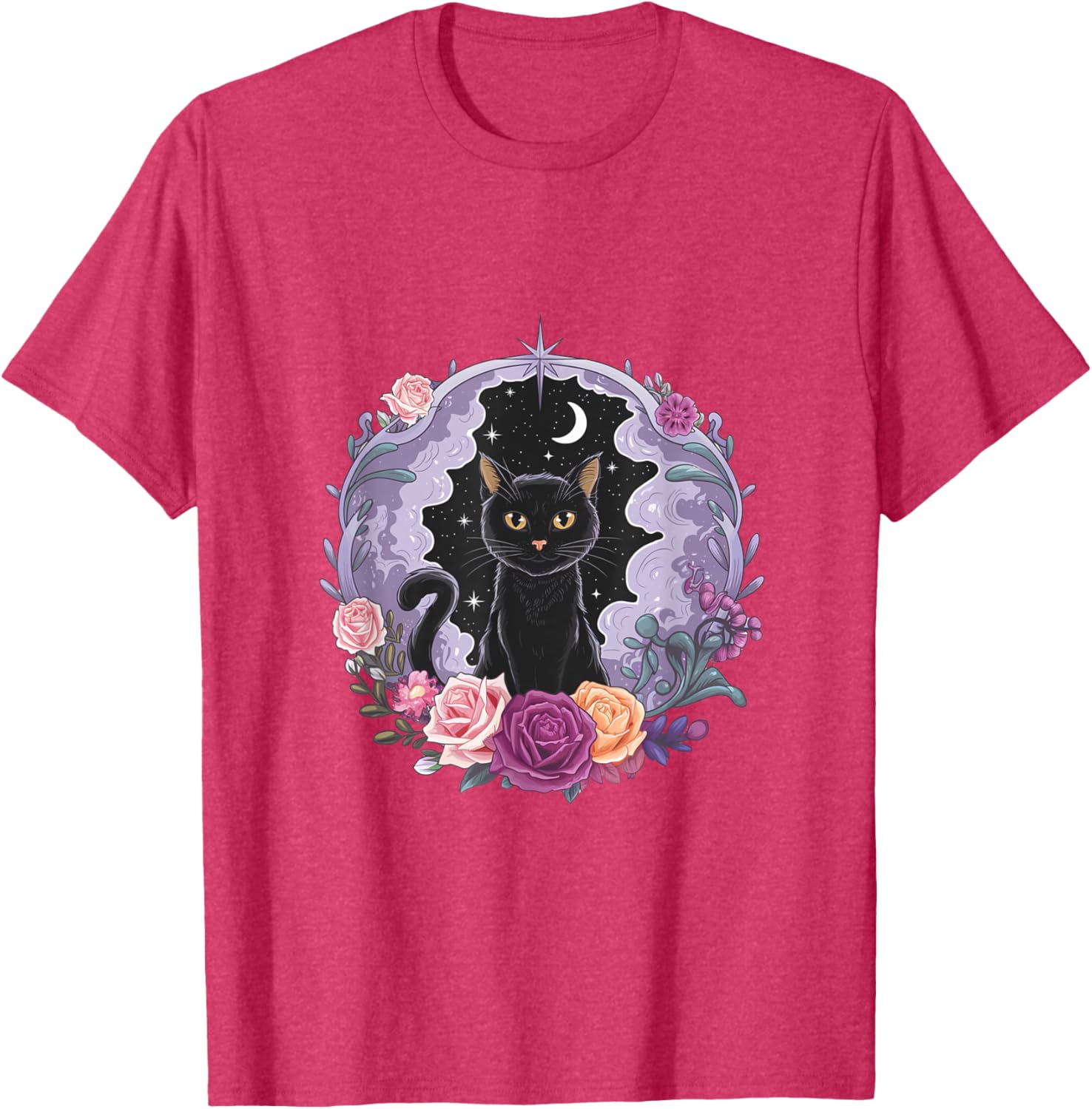 Cute Kawaii Purple Gothic T-Shirt with Black Cat and Moon Crystal Design - 14