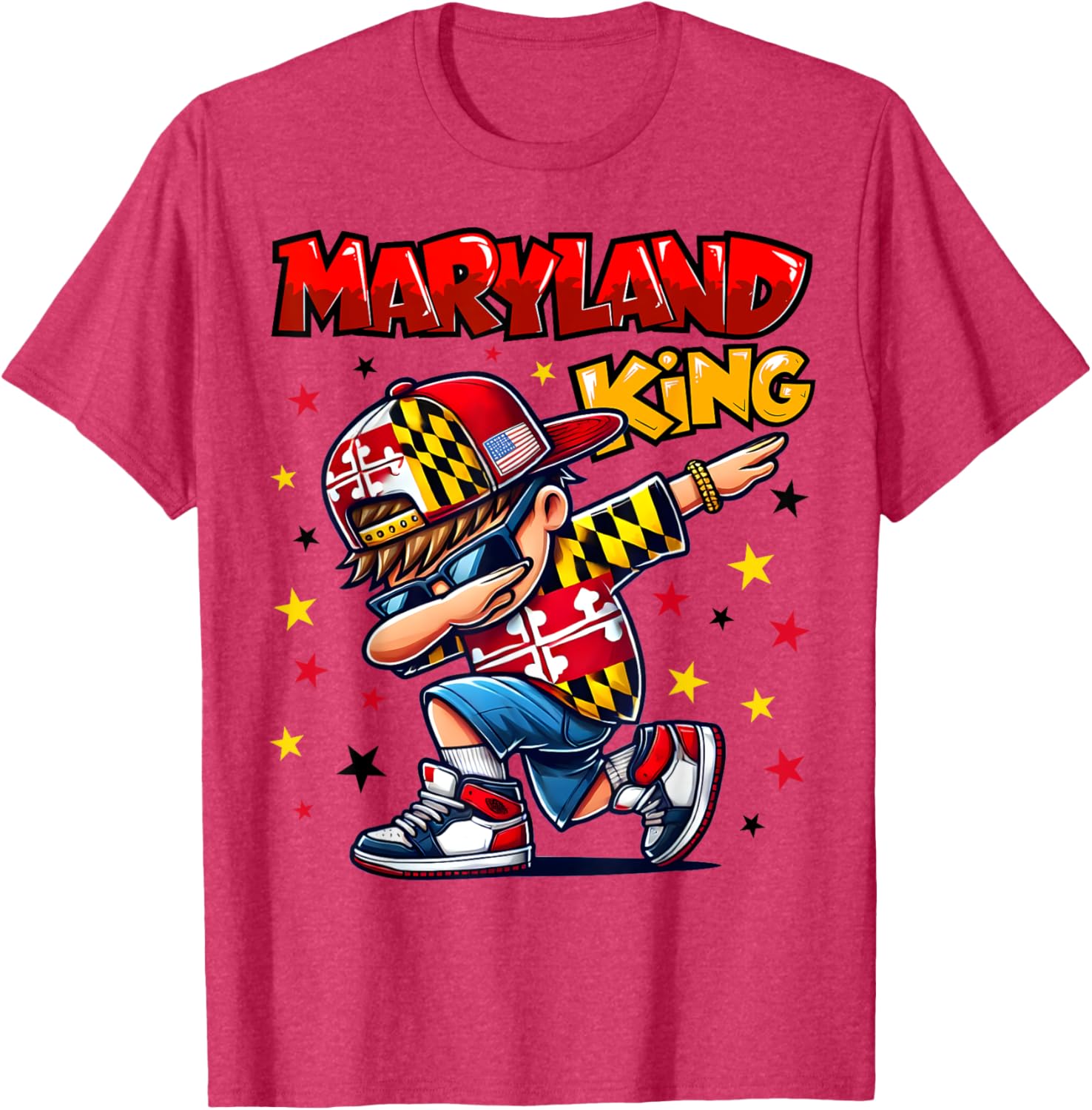 Cool Maryland King Dabbing T-Shirt for Kids Featuring State Flag Design - 11