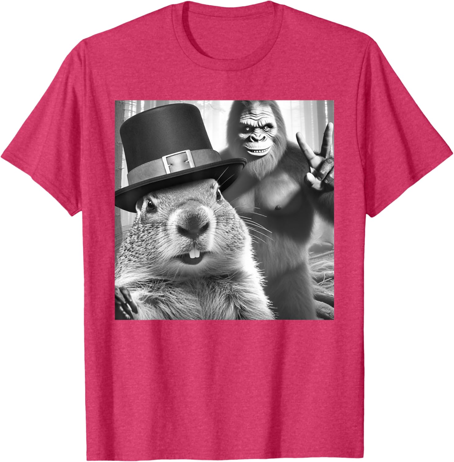 Funny Groundhog Day T-Shirt with Groundhog Taking Selfie with Bigfoot - 6