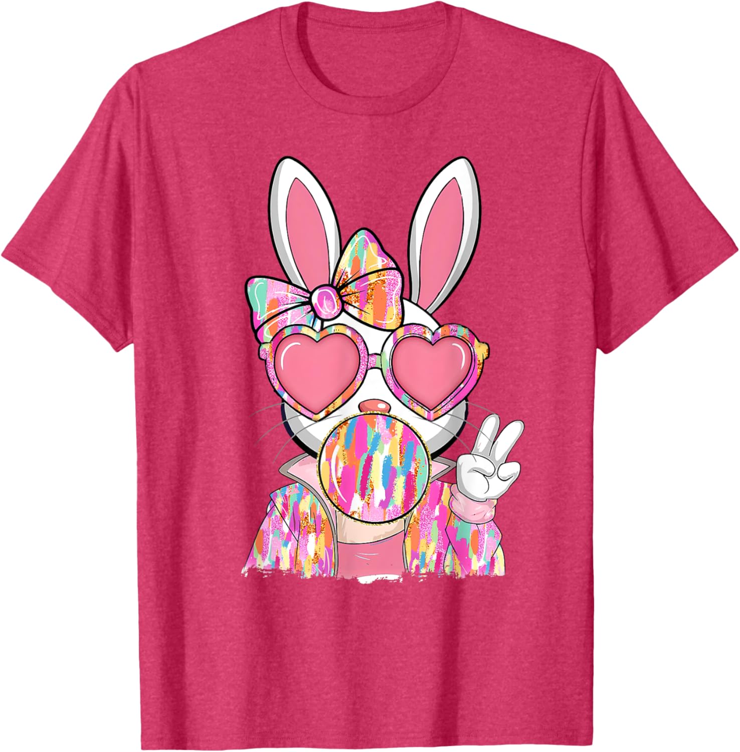 Cute Brushstroke Bunny Blowing Bubble Gum Easter Bow T-Shirt for Kids - 8