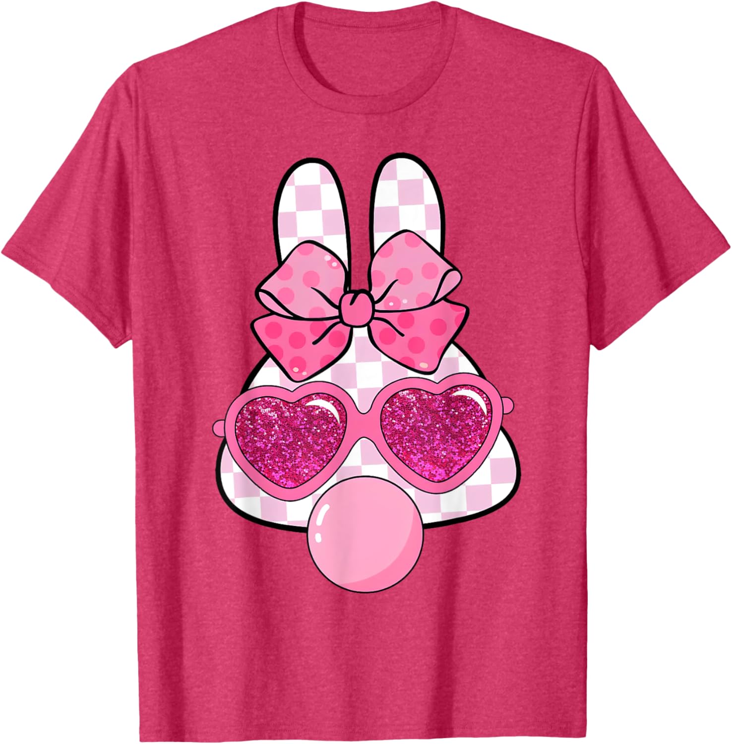 Checkered Bunny with Bubble Gum Coquette Bow Easter T-Shirt for Fun Style - 3