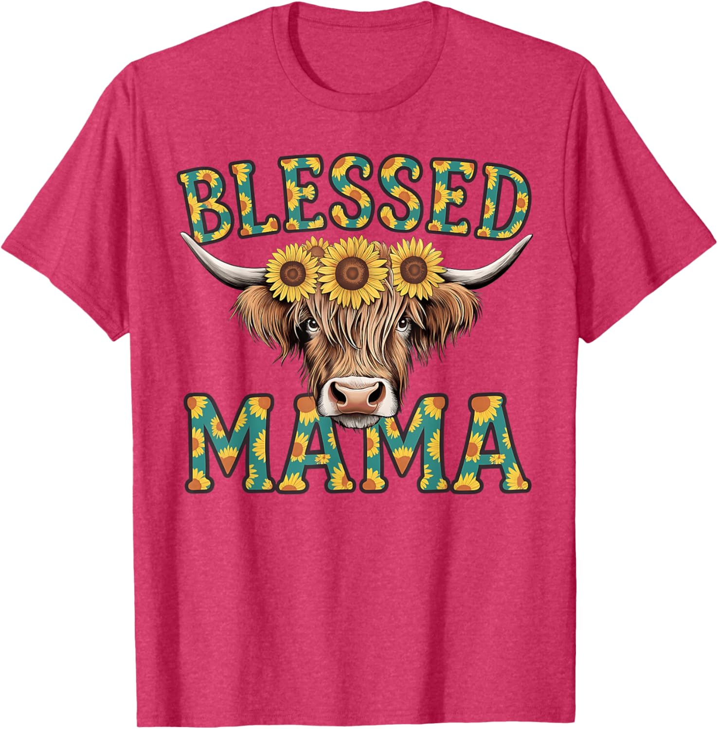 Cute Blessed Mama Highland Cow T-Shirt with Sunflowers for Mother's Day - 17