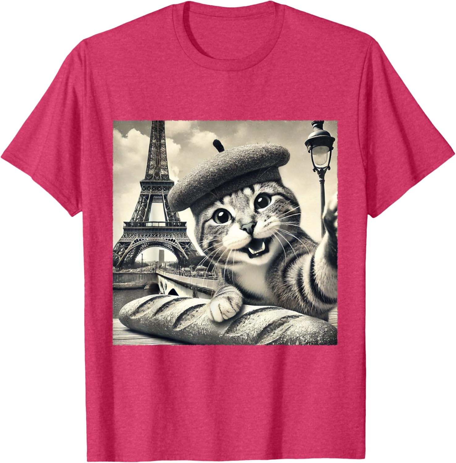 Funny Paris Cat in Beret with Baguette Eiffel Tower T-Shirt for Cat Lovers - 25