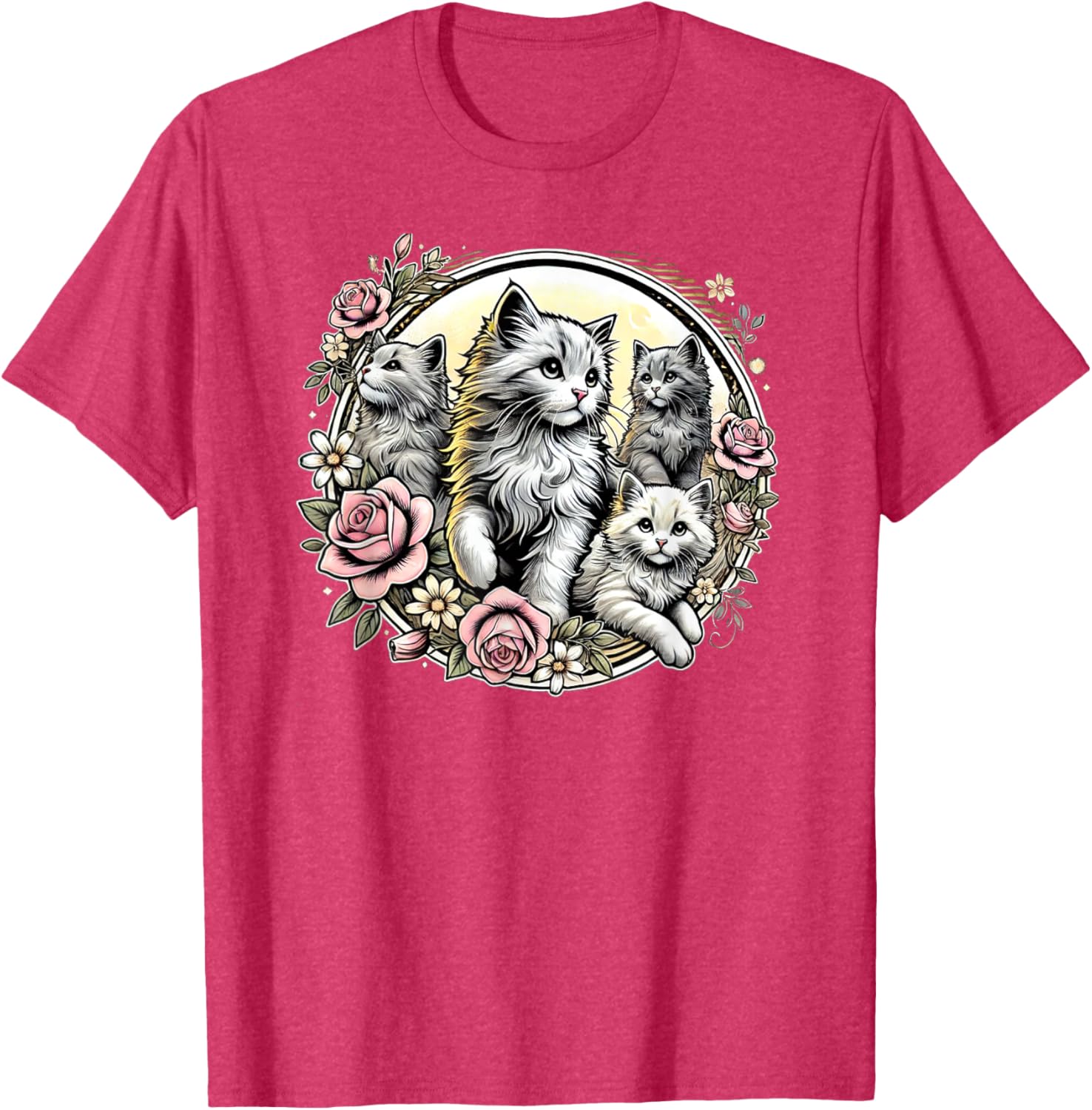 Cute Fluffy Kittens with Vintage Roses T-Shirt for Cat Lovers - 16