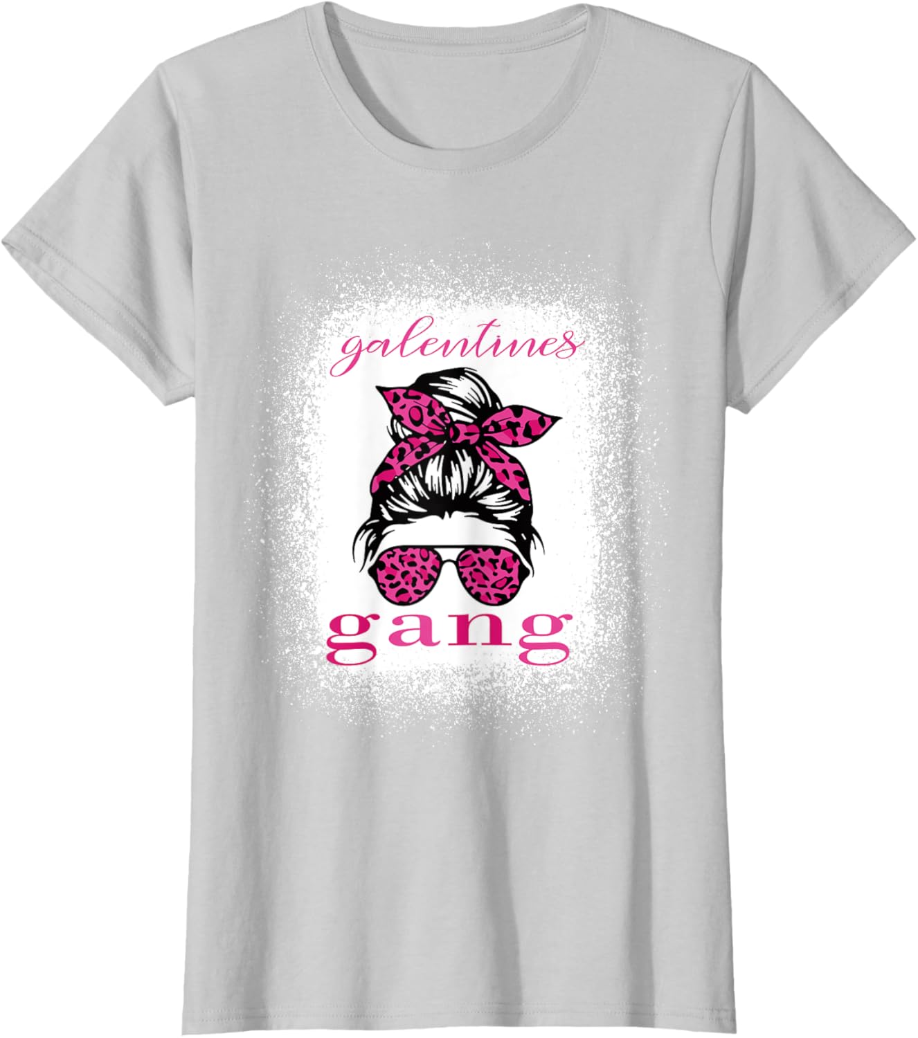Galentine Gang Matching T-Shirt with Messy Bun Leopard Bleached Design - 19