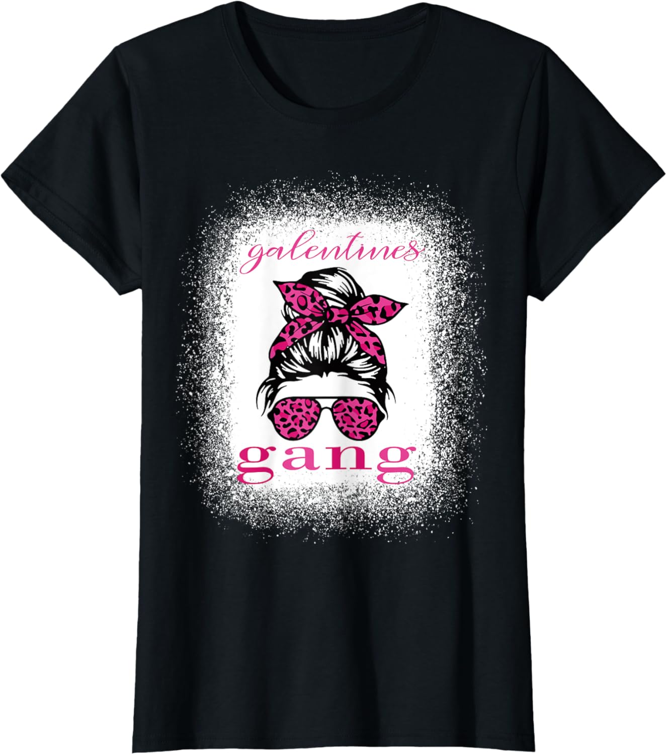 Galentine Gang Matching T-Shirt with Messy Bun Leopard Bleached Design - 22