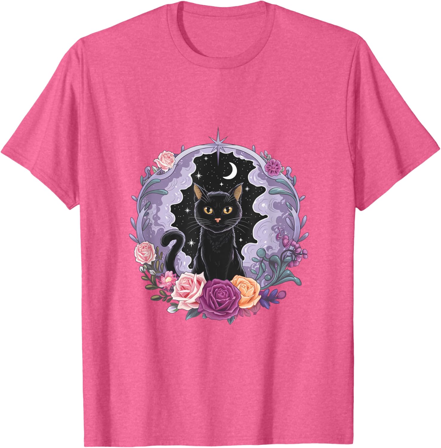 Cute Kawaii Purple Gothic T-Shirt with Black Cat and Moon Crystal Design - 27