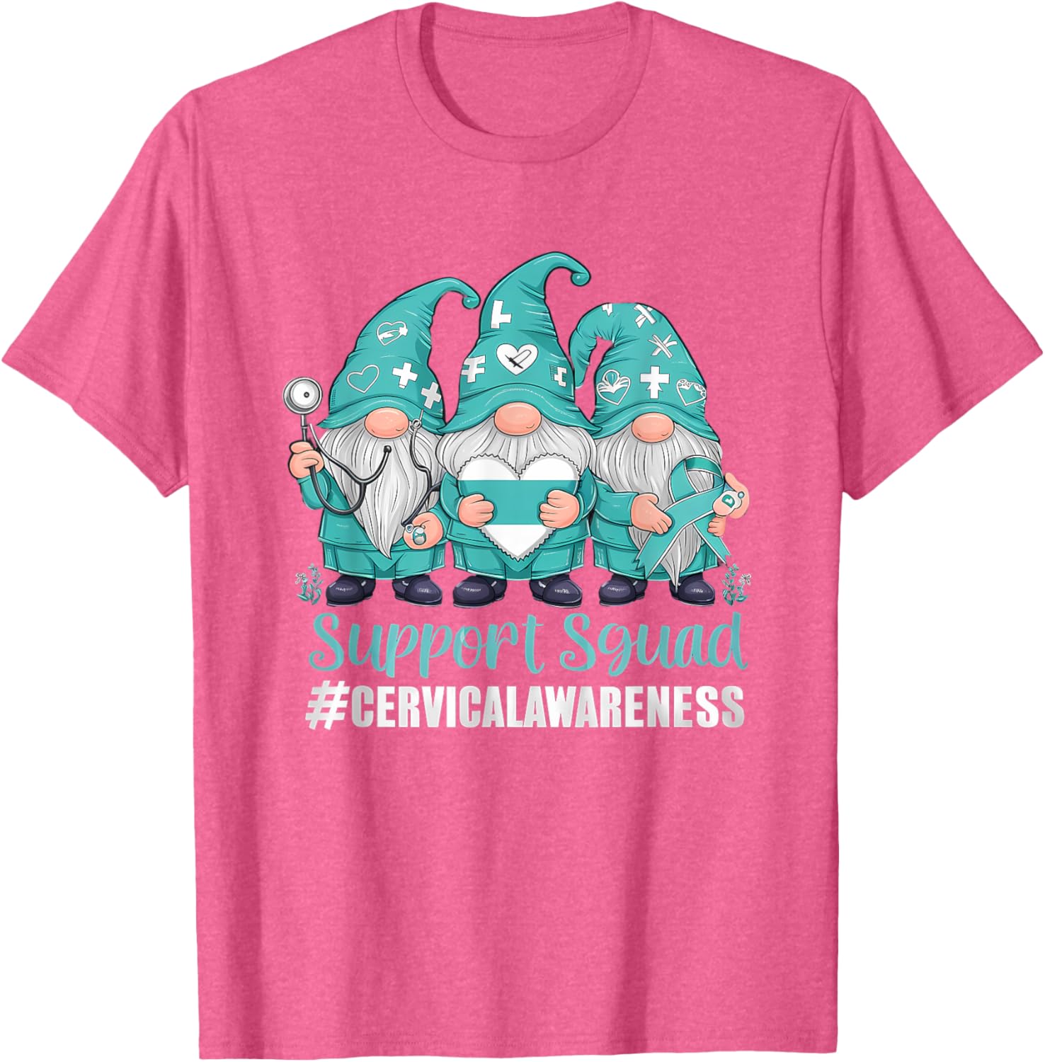 Cervical Cancer Awareness Gnome Teal Ribbon T-Shirt for Supporters - 1