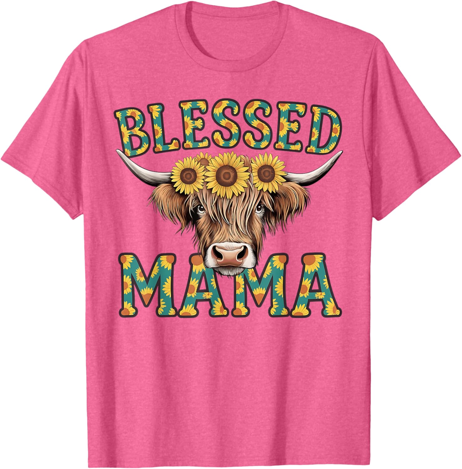 Cute Blessed Mama Highland Cow T-Shirt with Sunflowers for Mother's Day - 23