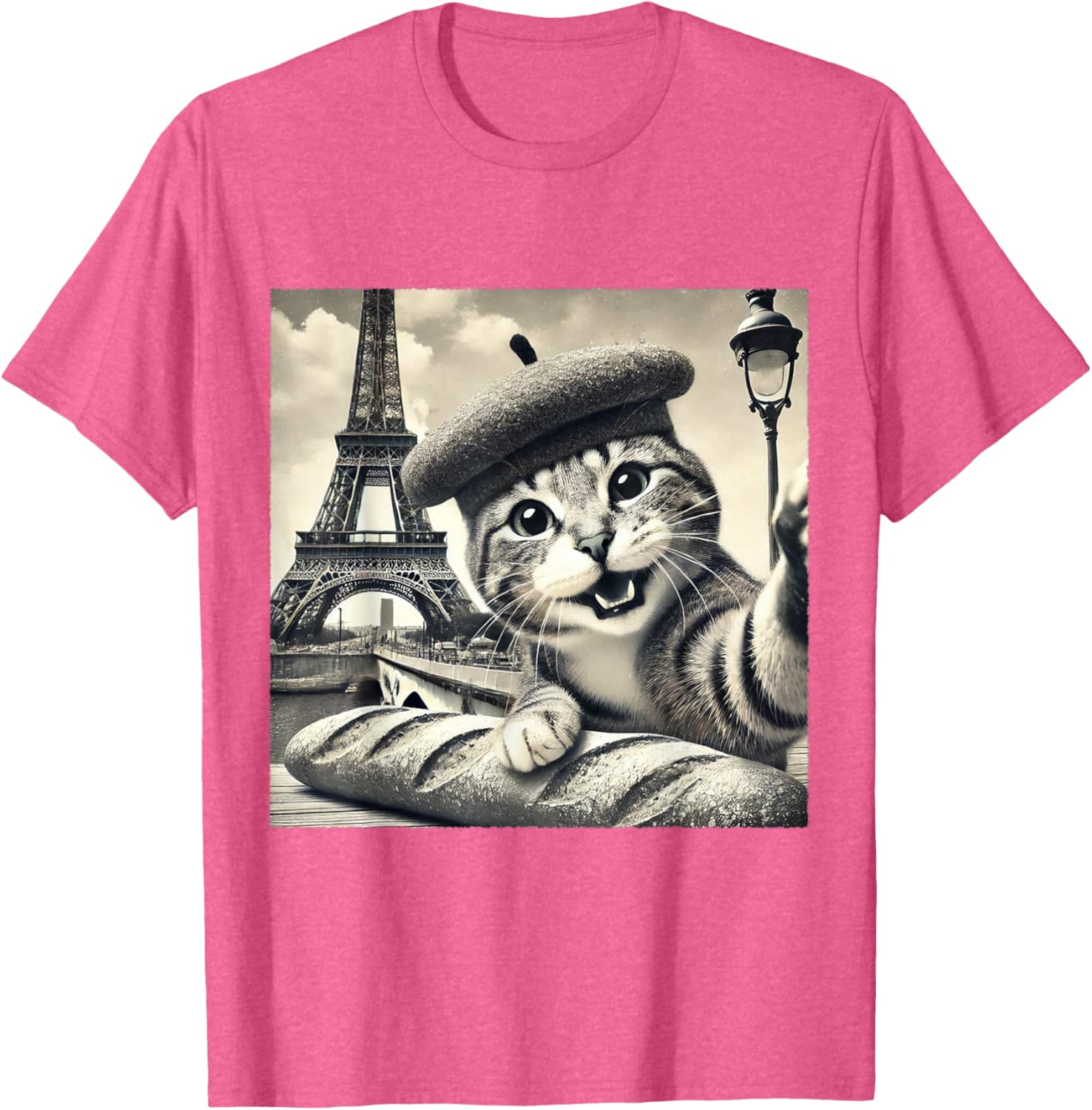Funny Paris Cat in Beret with Baguette Eiffel Tower T-Shirt for Cat Lovers - 2