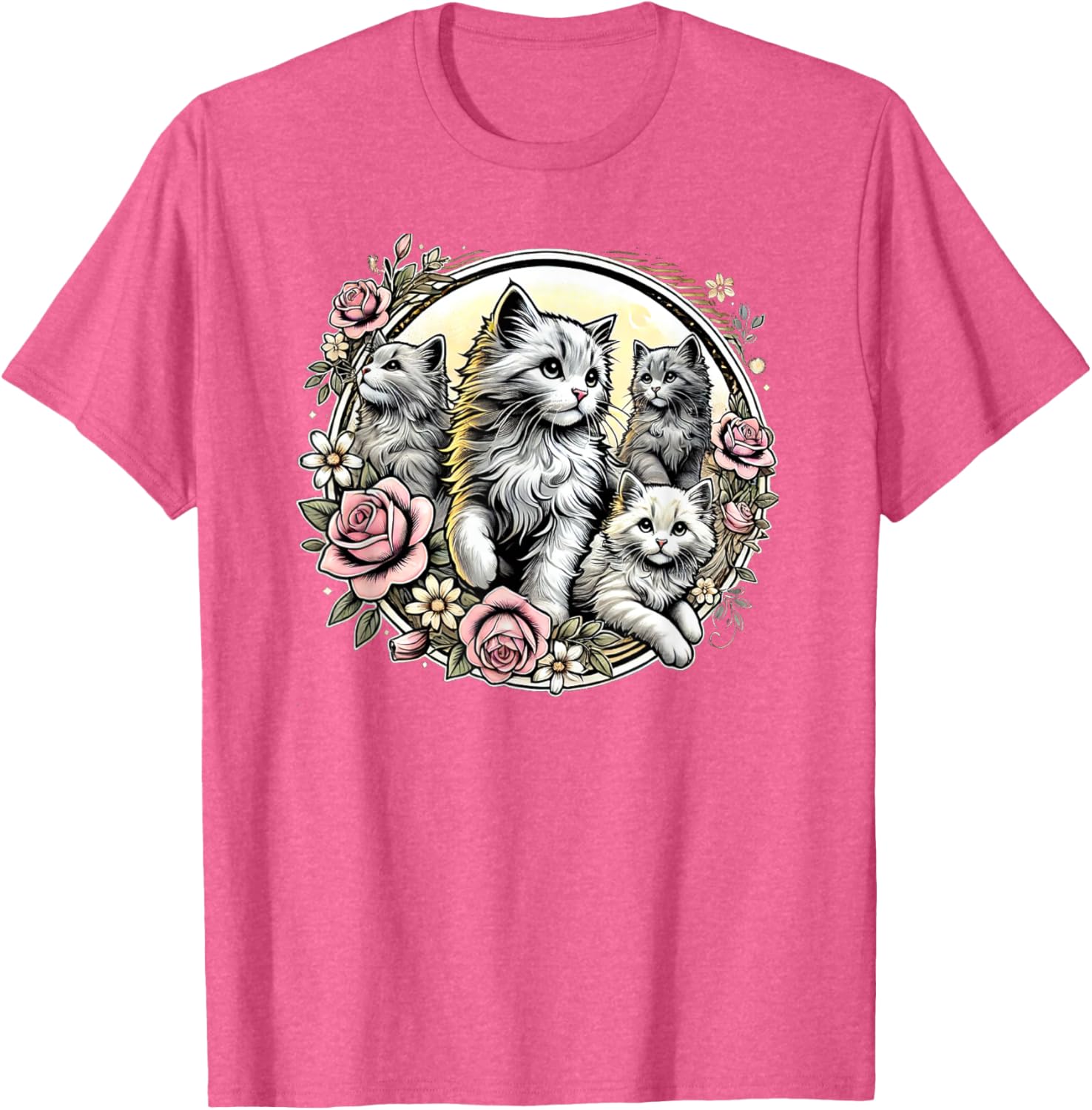Cute Fluffy Kittens with Vintage Roses T-Shirt for Cat Lovers - 29