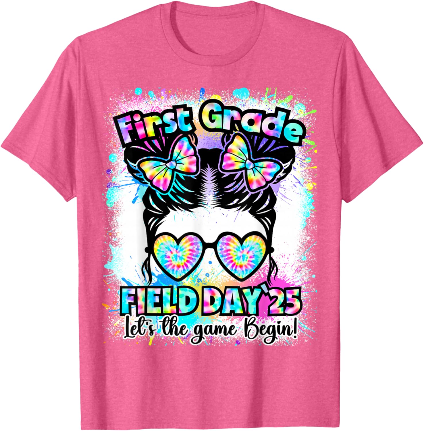 First Grade Field Day 2025 Messy Bun Teacher Kids T-Shirt Fun Design - 11