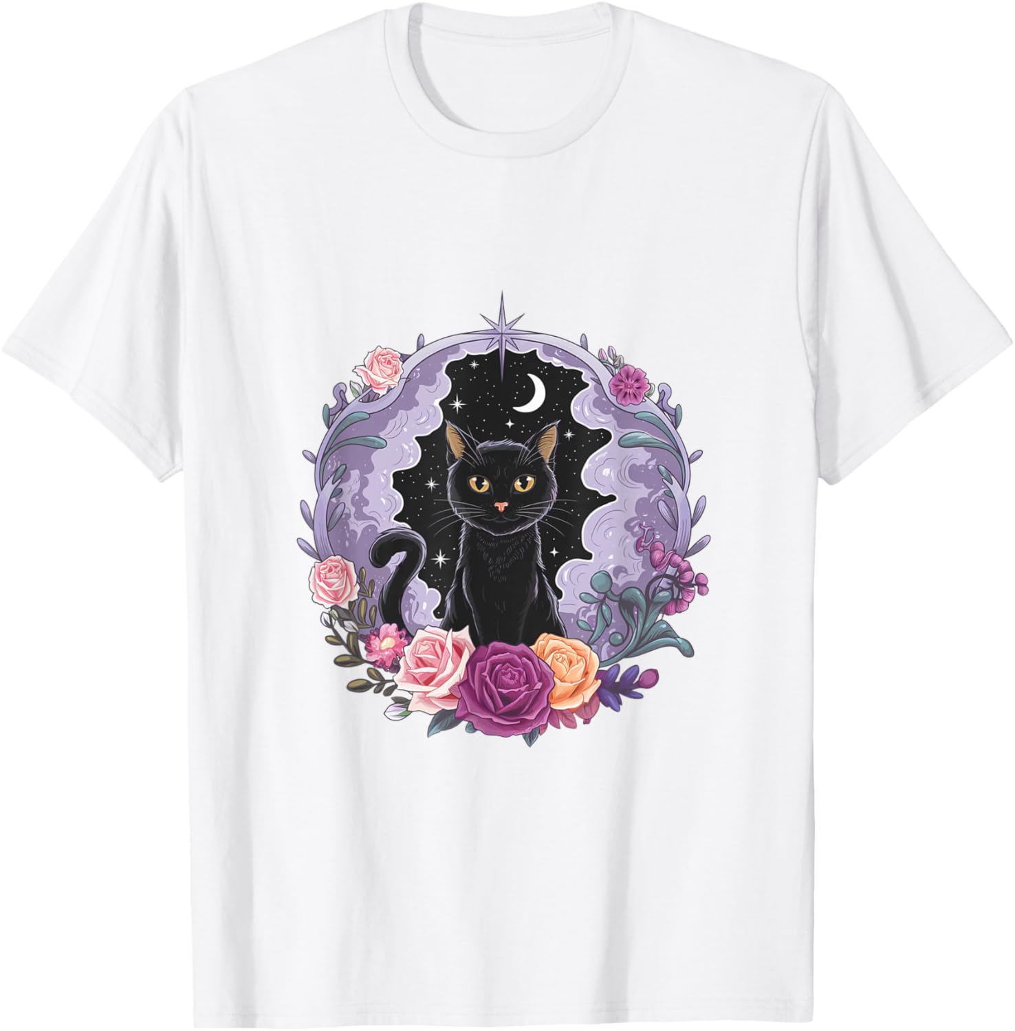 Cute Kawaii Purple Gothic T-Shirt with Black Cat and Moon Crystal Design - 22